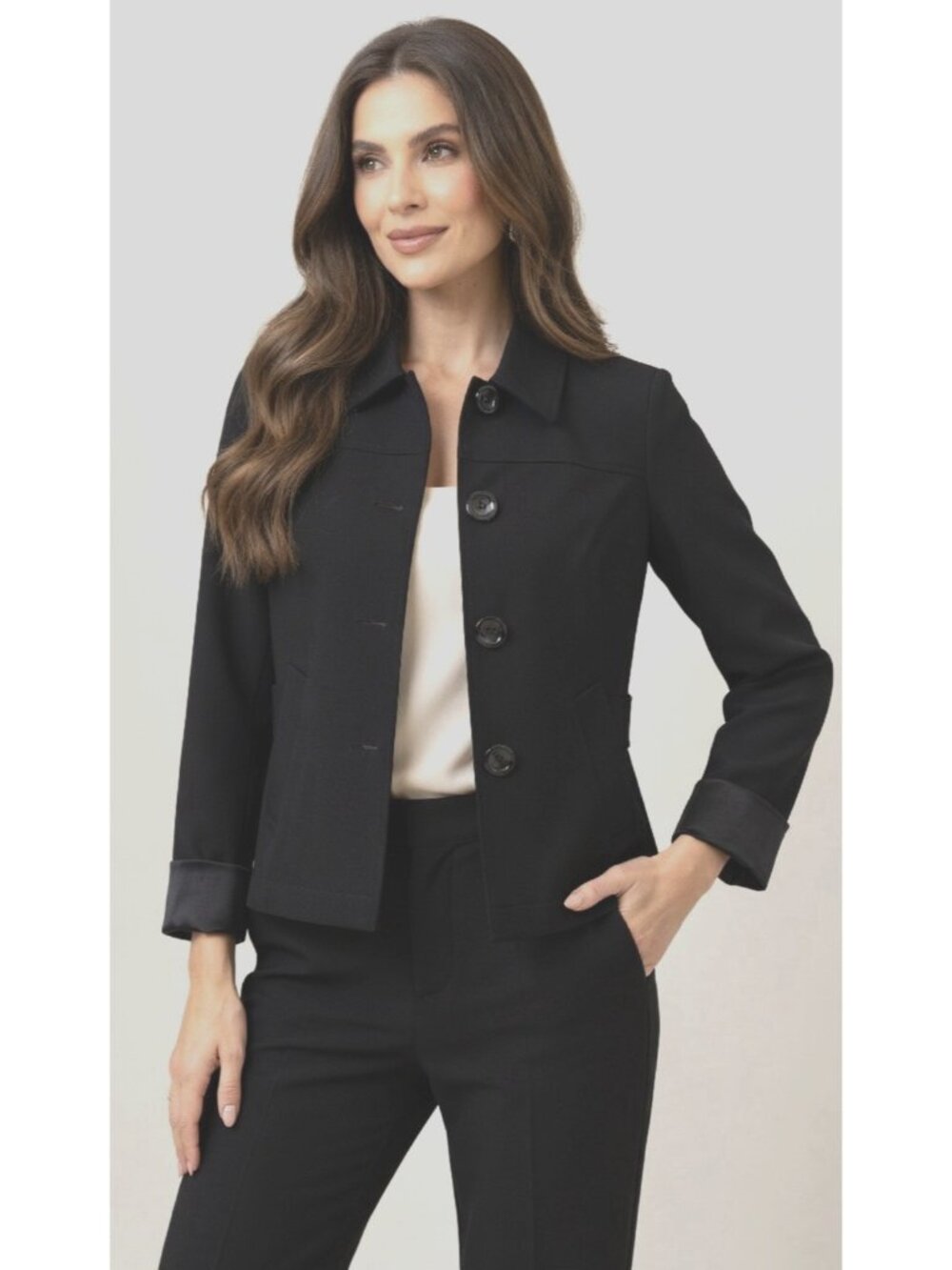 Lafayette 148 NY Black Stretch Cotton Button Blazer Jacket Short Trench